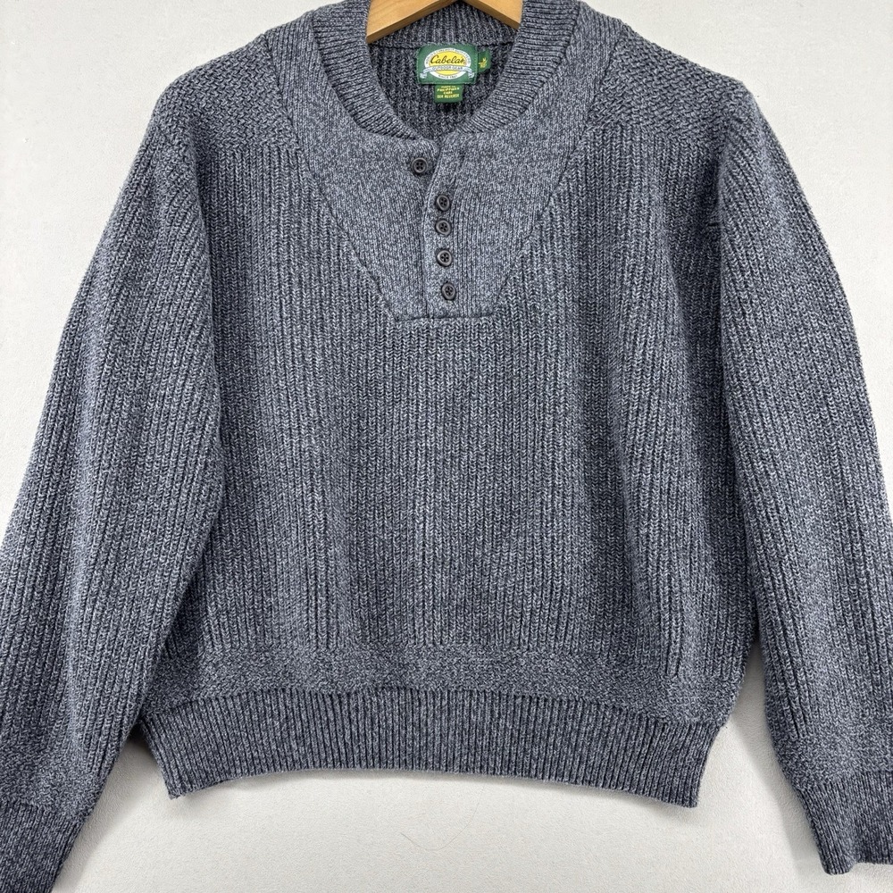 Vintage Cabelas Henley Outdoor Sweater Men M Gray Rib Knit 5-Button 100% Cotton‎